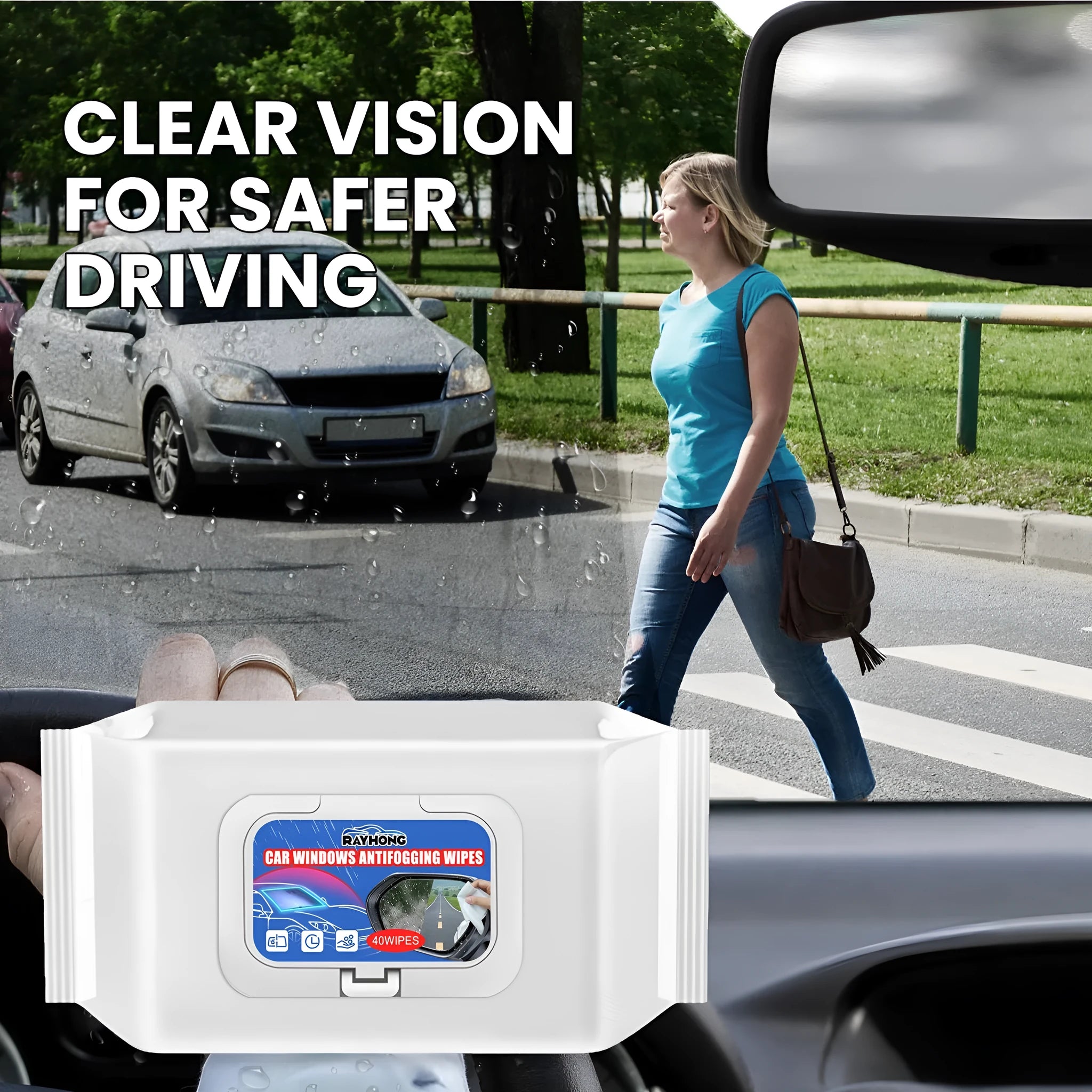 Car anti-fog rain wipes 40-pack with water-based resin formula measuring 18x8x3cm