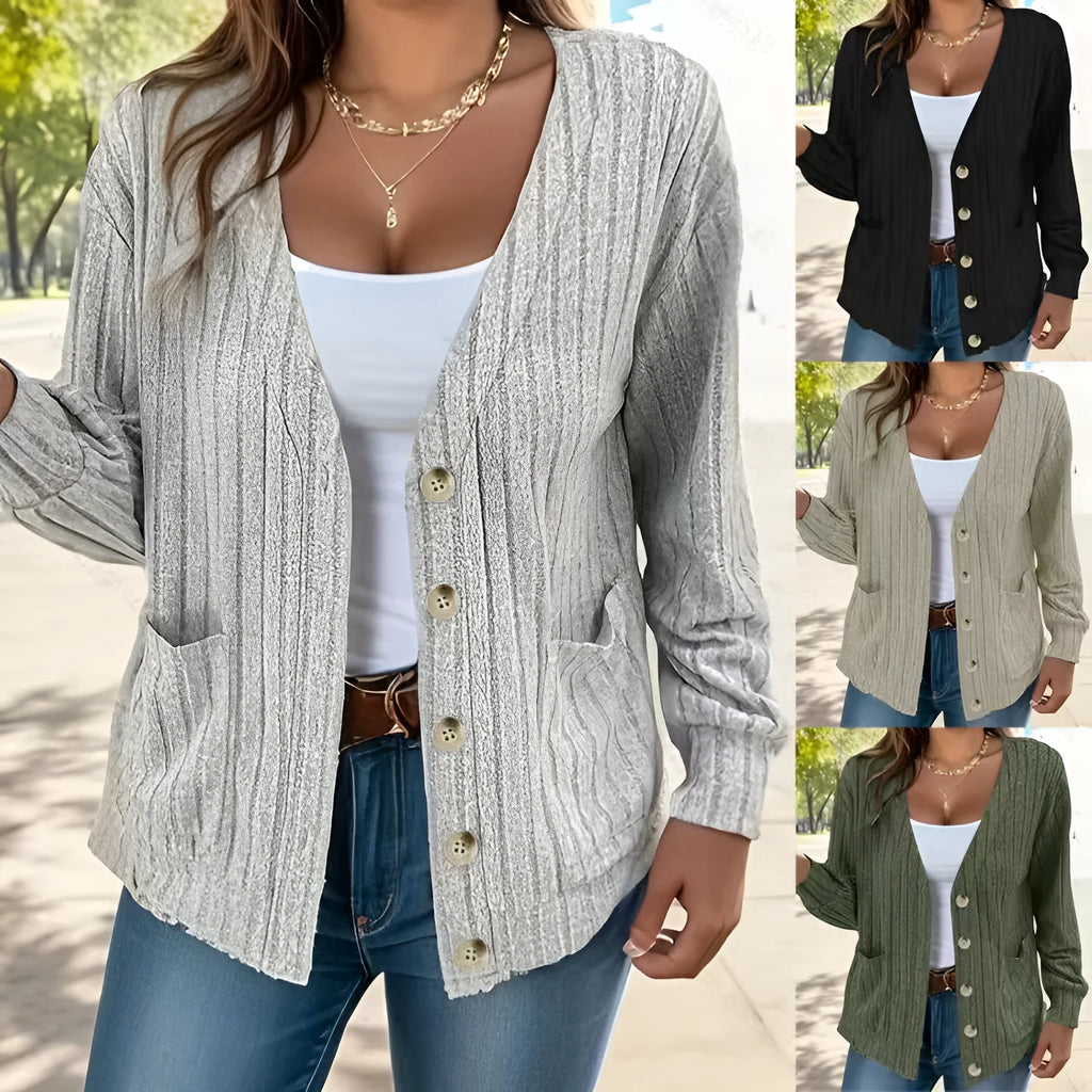 Light gray loose fit V-neck cardigan for women with button front and long sleeves