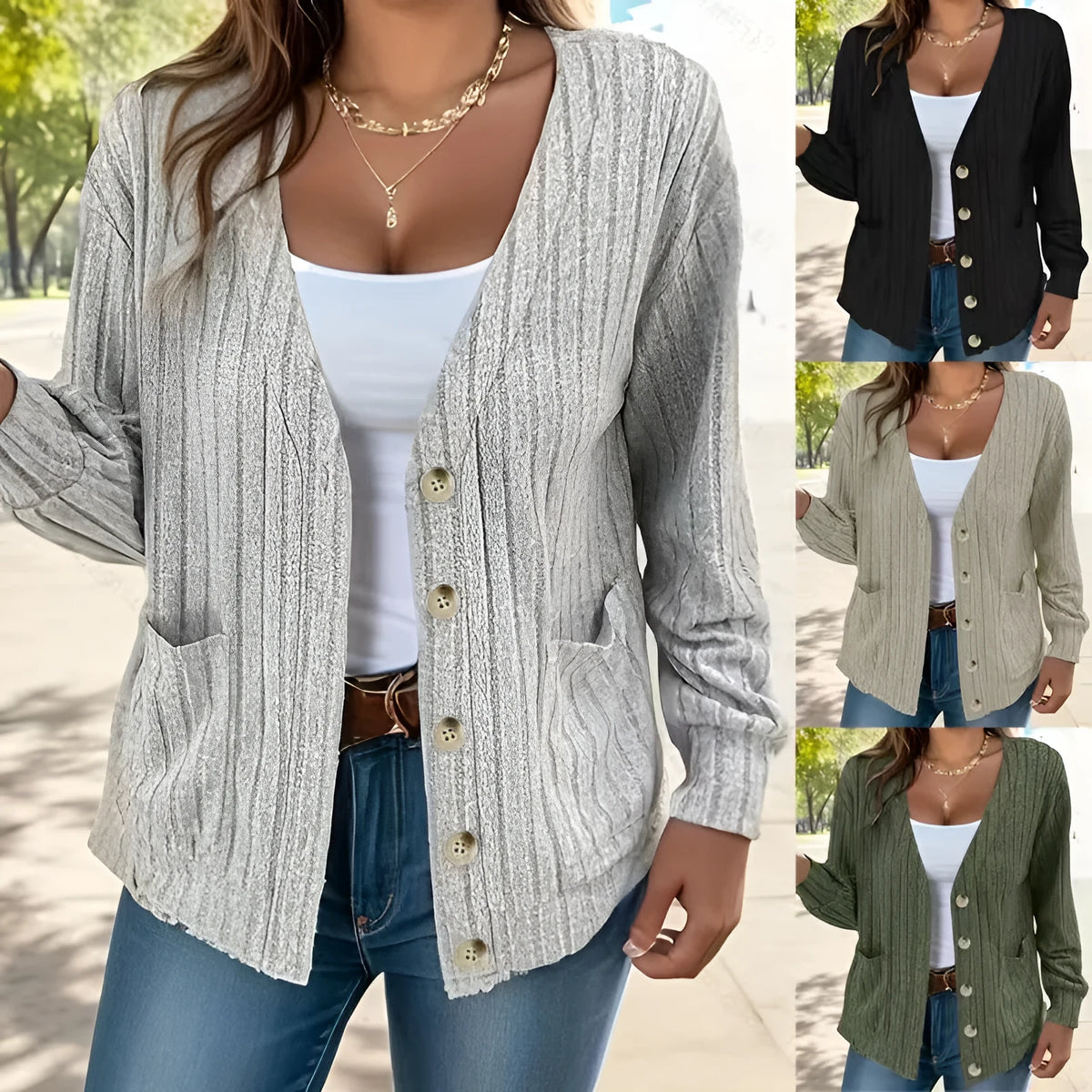 Light gray loose fit V-neck cardigan for women with button front and long sleeves