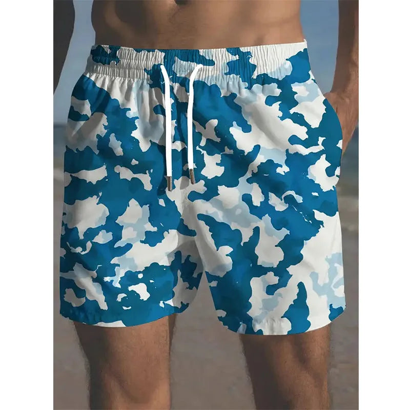Men's polyester beach shorts with elastic waistband in various printed colours