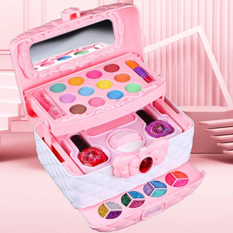 Children's pretend play makeup kit in pink suitcase with water-soluble cosmetics for ages 4-6