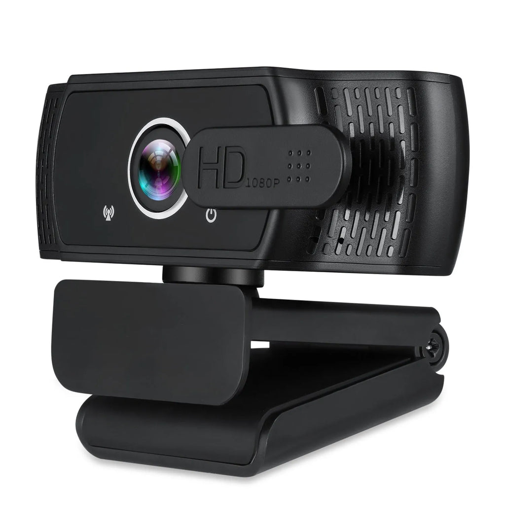 Black USB webcam with microphone and universal clip for laptop or monitor mounting