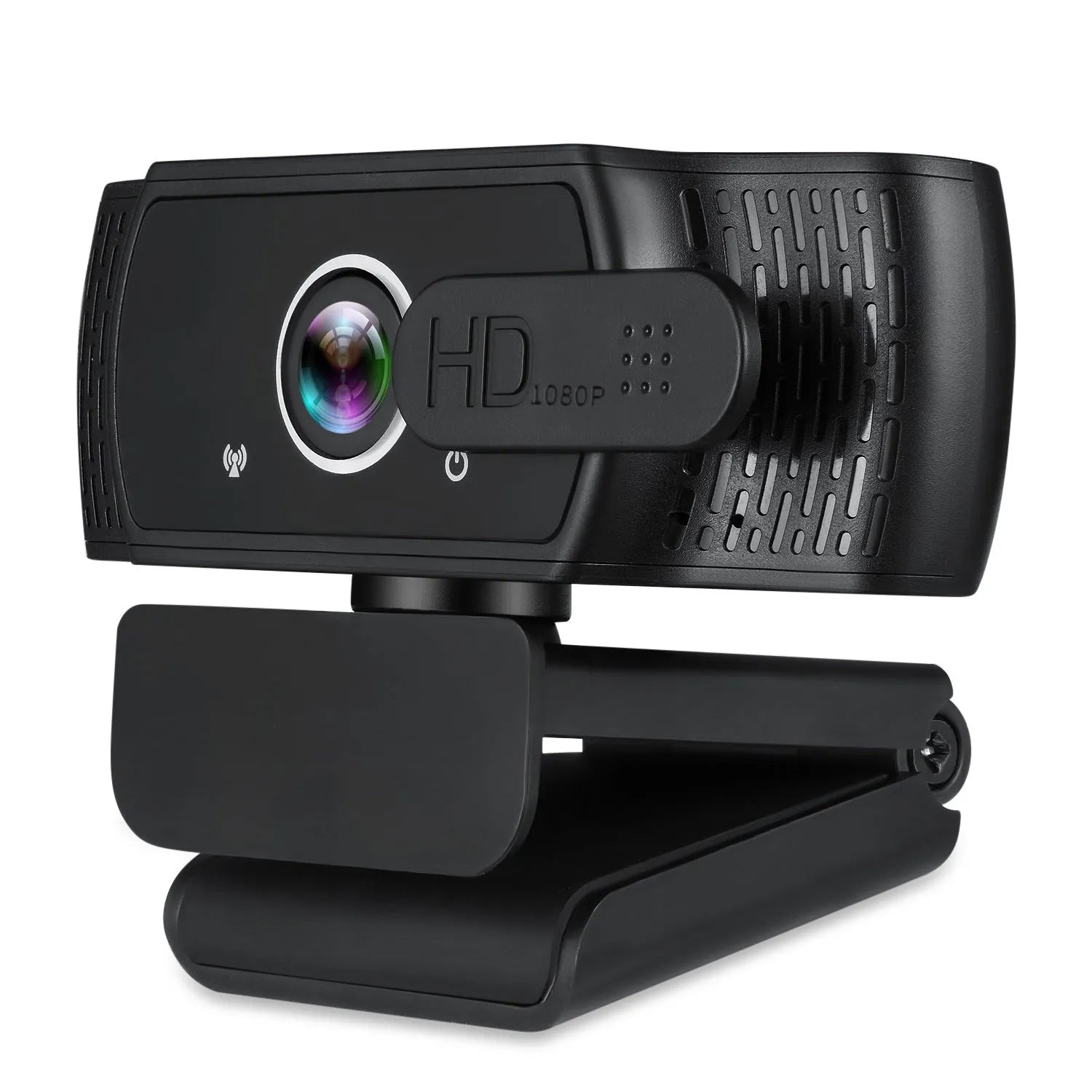 Black USB webcam with microphone and universal clip for laptop or monitor mounting