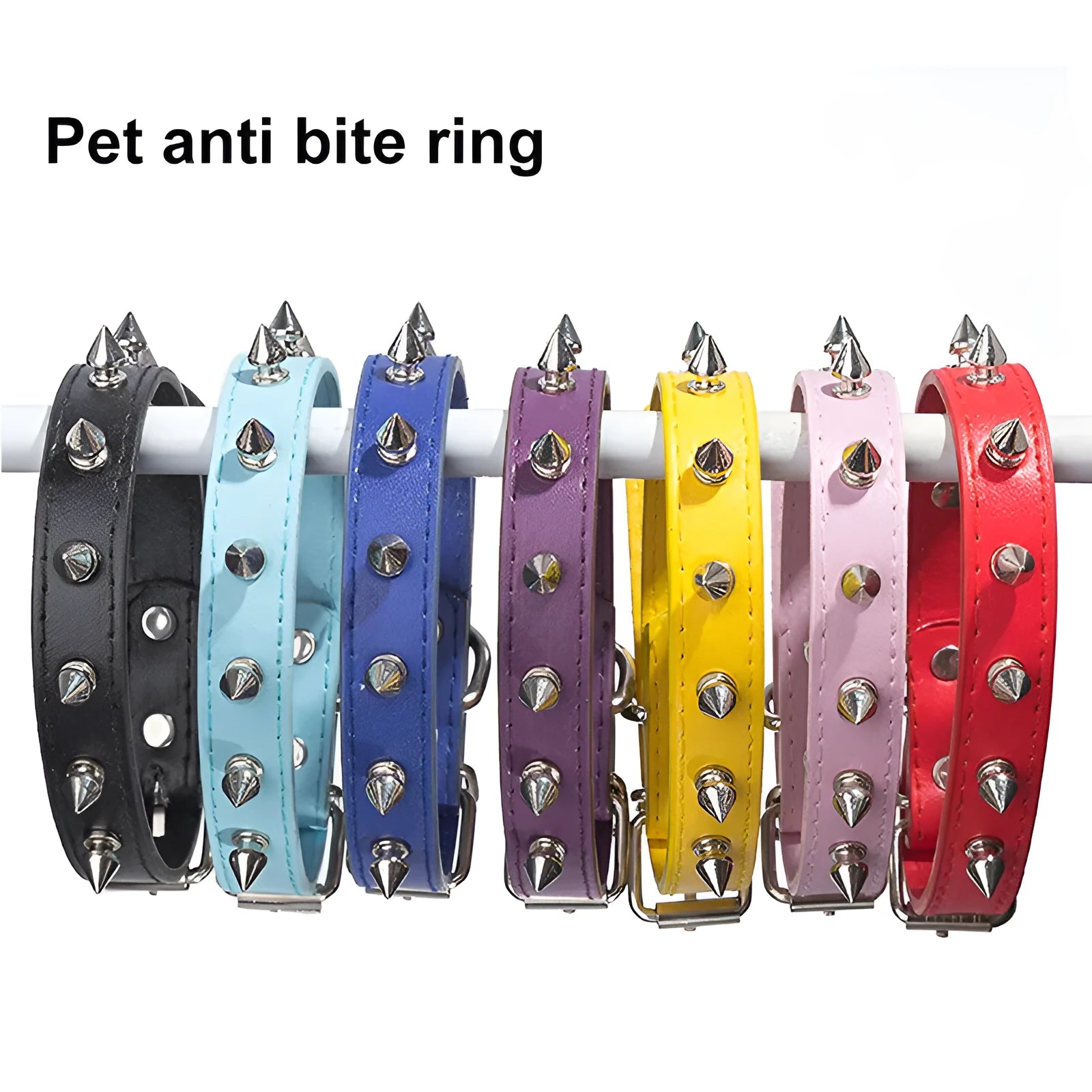 A studded PU leather dog collar in one of six colours with an alloy fastener, shown next to a size chart.