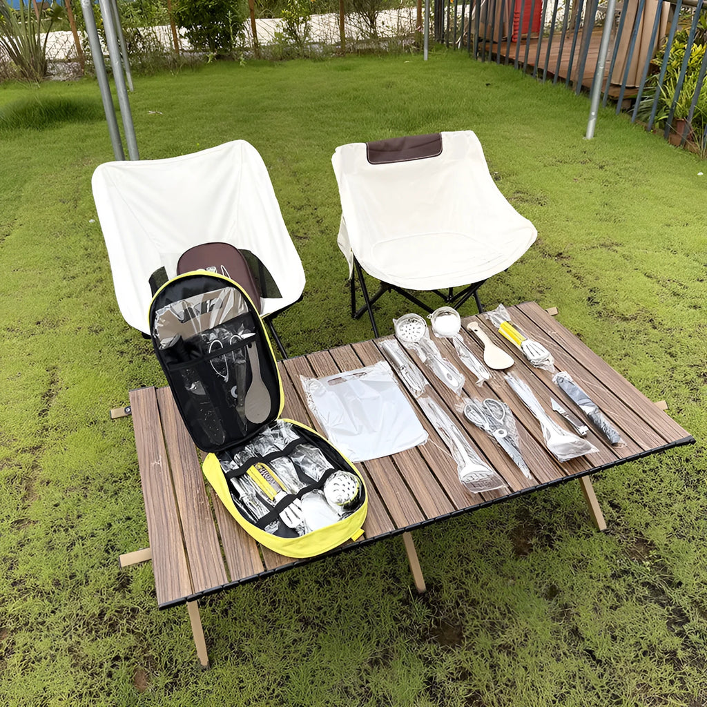 Portable picnic kitchenware storage bag containing 12 stainless steel pieces.