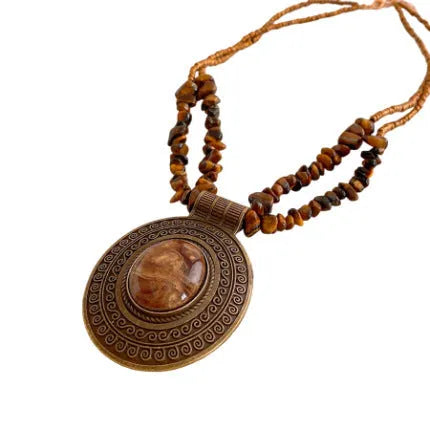 Irregular tiger eye stone oval pendant necklace with electroplated alloy chain, brown colour, clavicle length, retro antique style