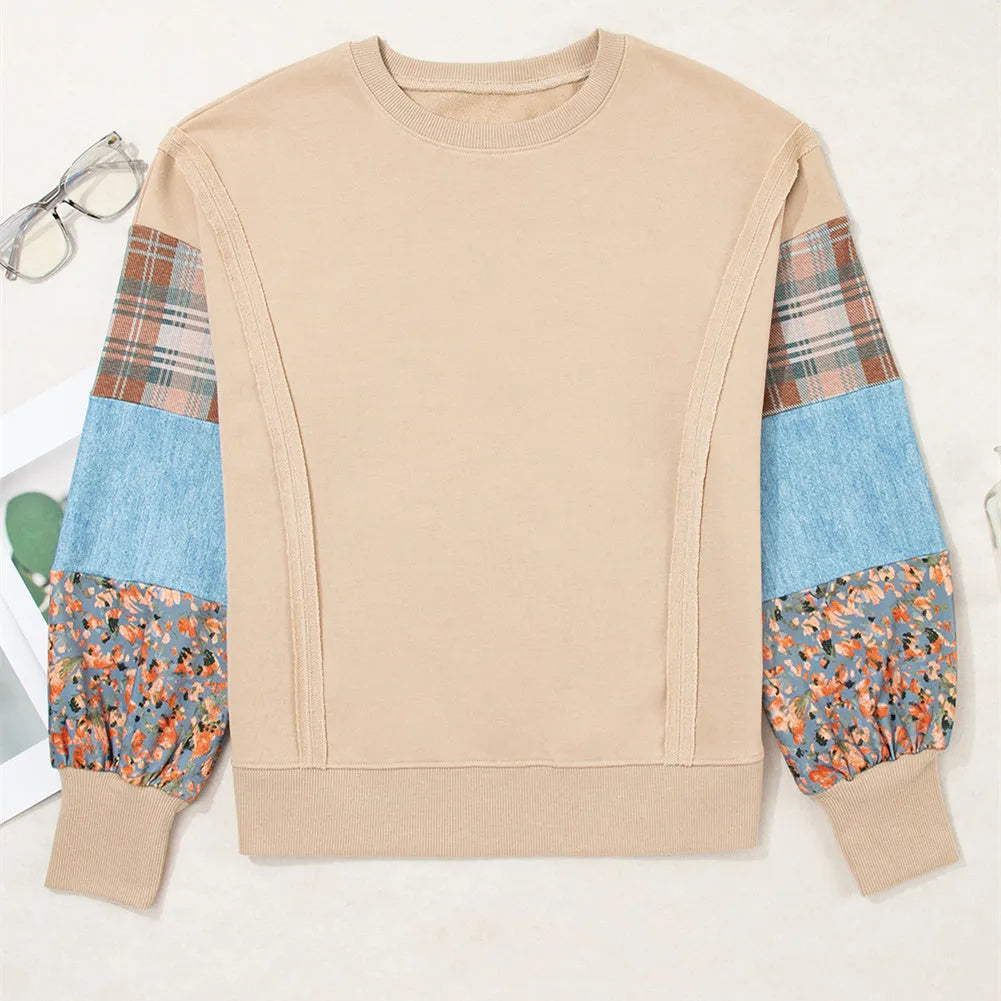 Women's loose fit long-sleeved top with plaid stitching in apricot colour.