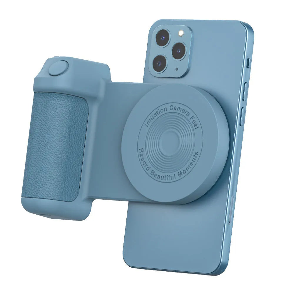 Black magnetic camera bracket with rotatable phone holder and PU leather grip