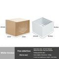 Six white modular plastic cube units arranged as a tiered dessert display stand holding cupcakes.