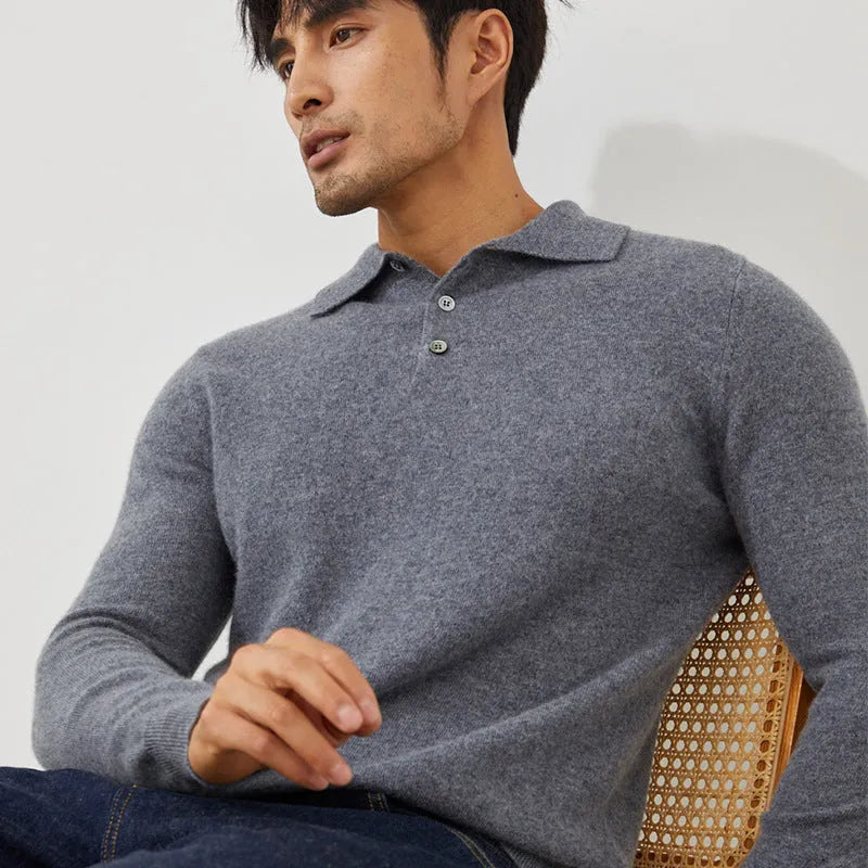 Men's cashmere polo collar pullover sweater in sapphire blue colour showing loose fit design