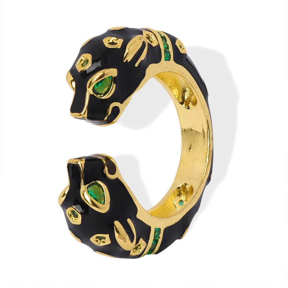 Black geometric copper ring with cheetah animal oil dripping pattern - size 7 women's fashion jewellery