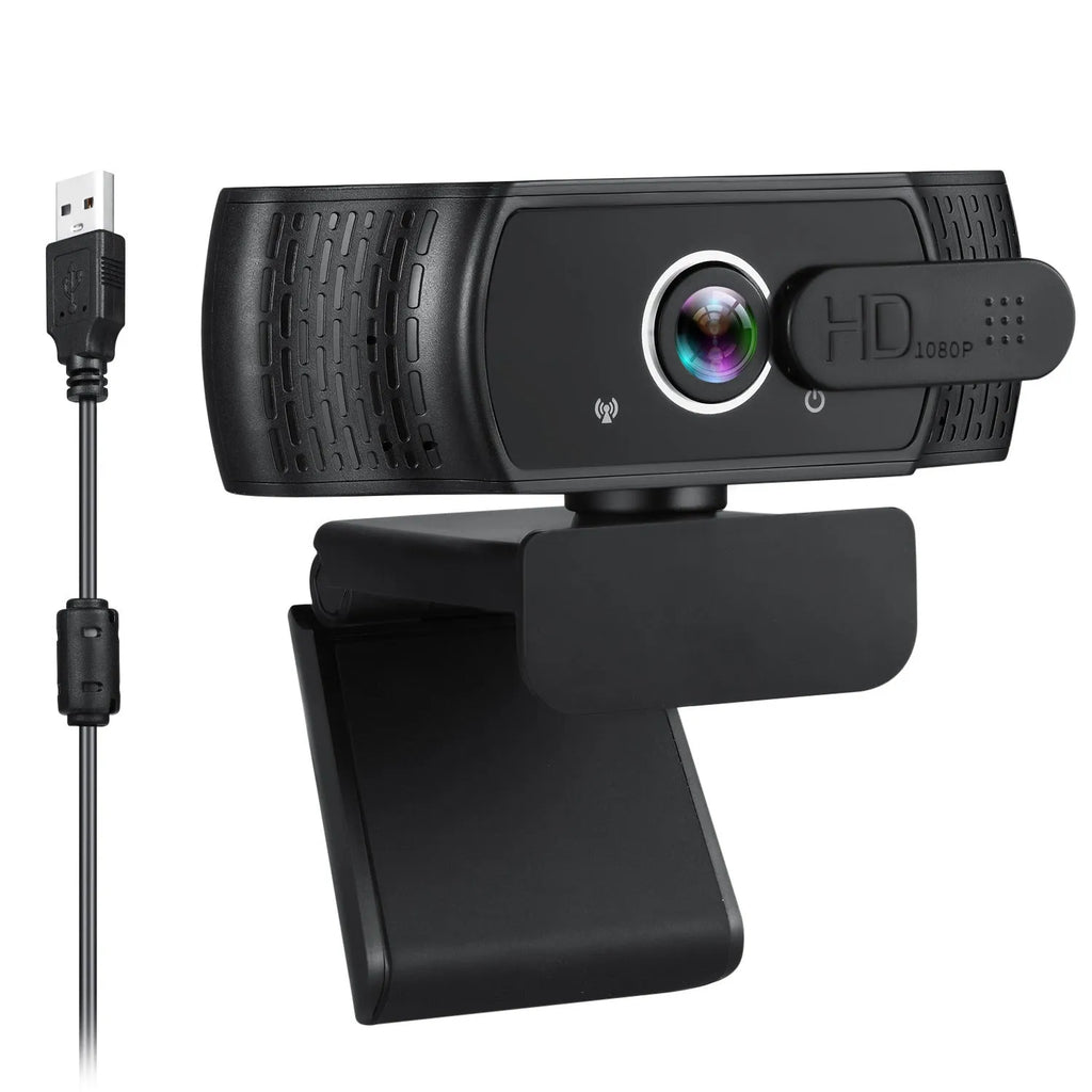 Black USB webcam with microphone and universal clip for laptop or monitor mounting