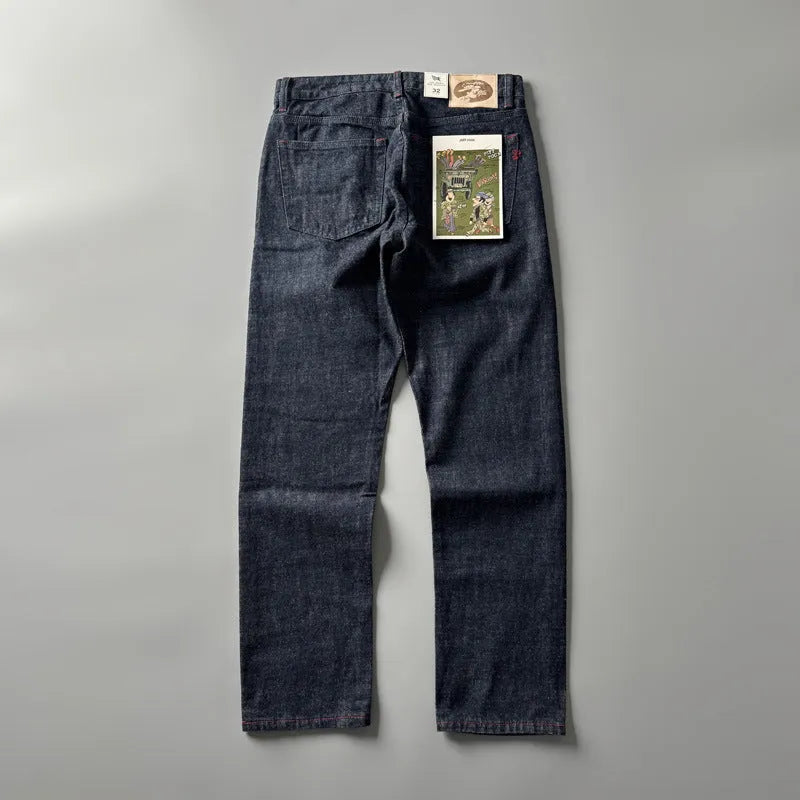 Men's straight leg denim jeans in primary colour showing mid waist fit and classic American retro style.