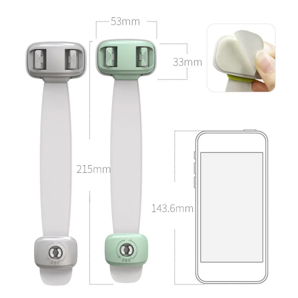 Adjustable child safety cabinet lock with strap showing grey and green colour options