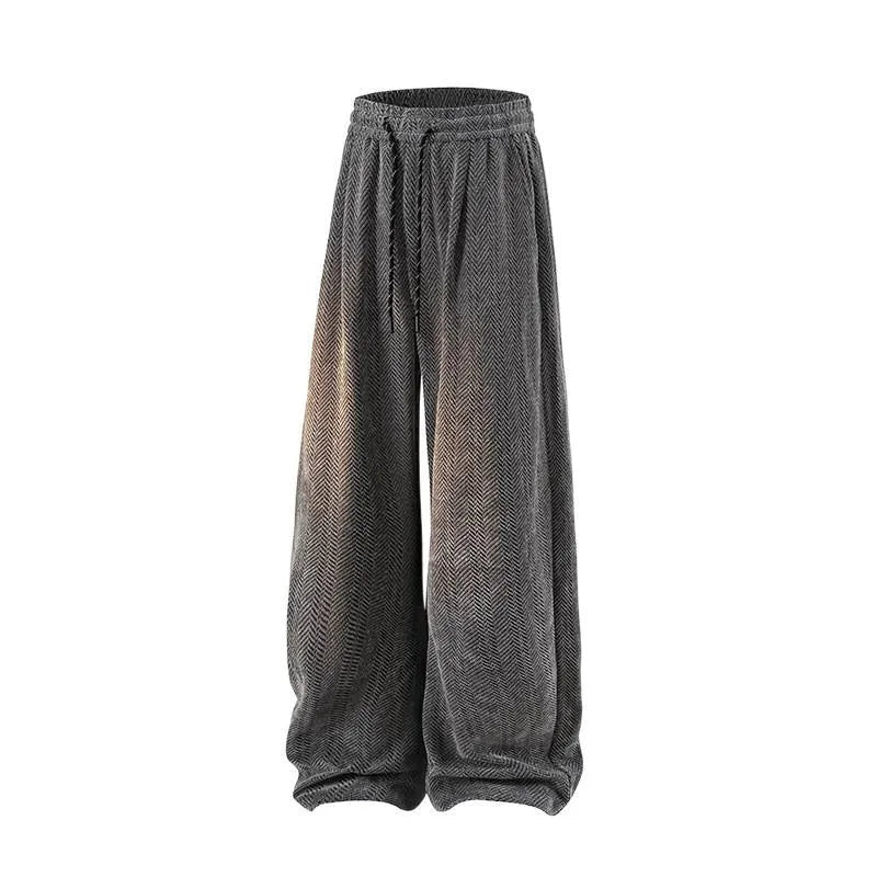 Men's lightweight fleece-lined straight-leg casual trousers in grey on a hanger.