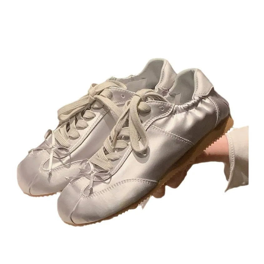 Women's ballet style satin sports board shoes with round toe and front lace-up in three colour options