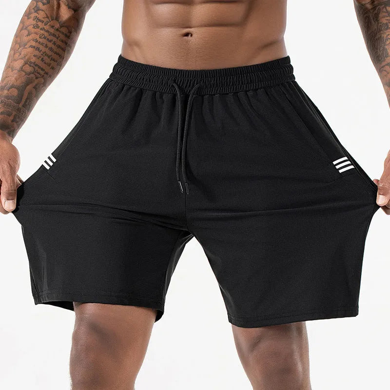 Men's black Ice Silk quick-drying sports shorts with high waist and drawstring closure