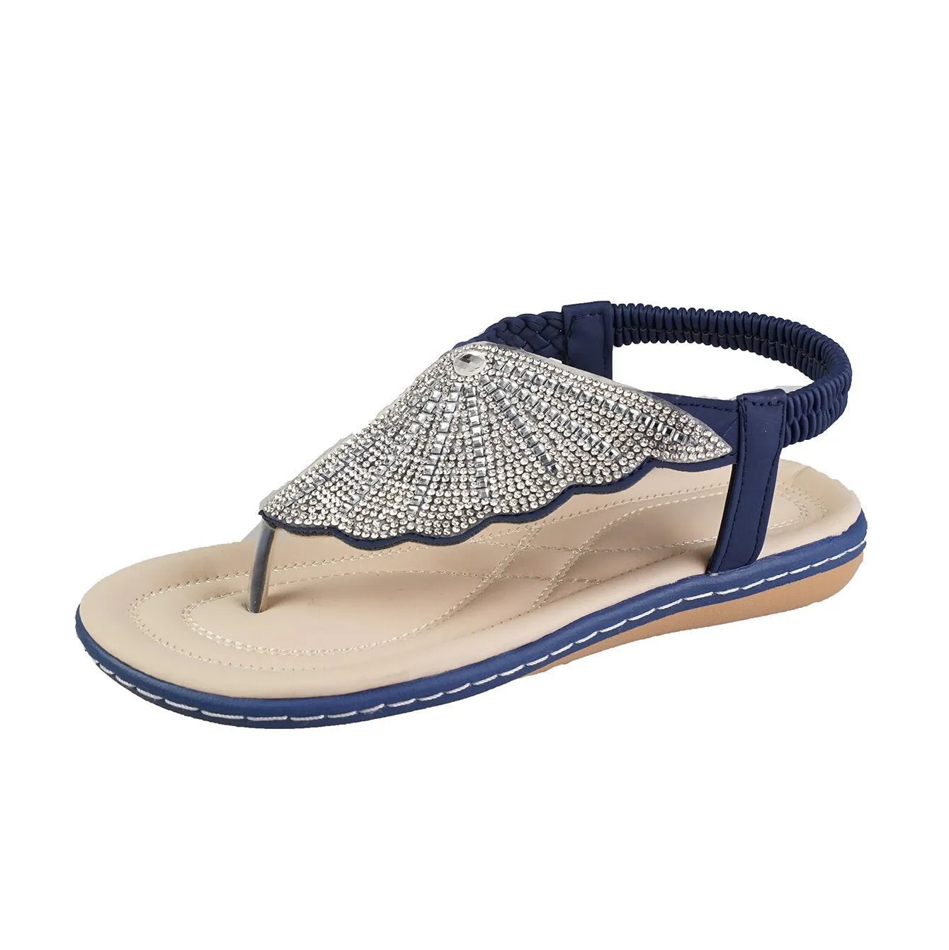 Women's rhinestone shell flip-flop sandals with PU upper and rubber sole in low heel flat slide style