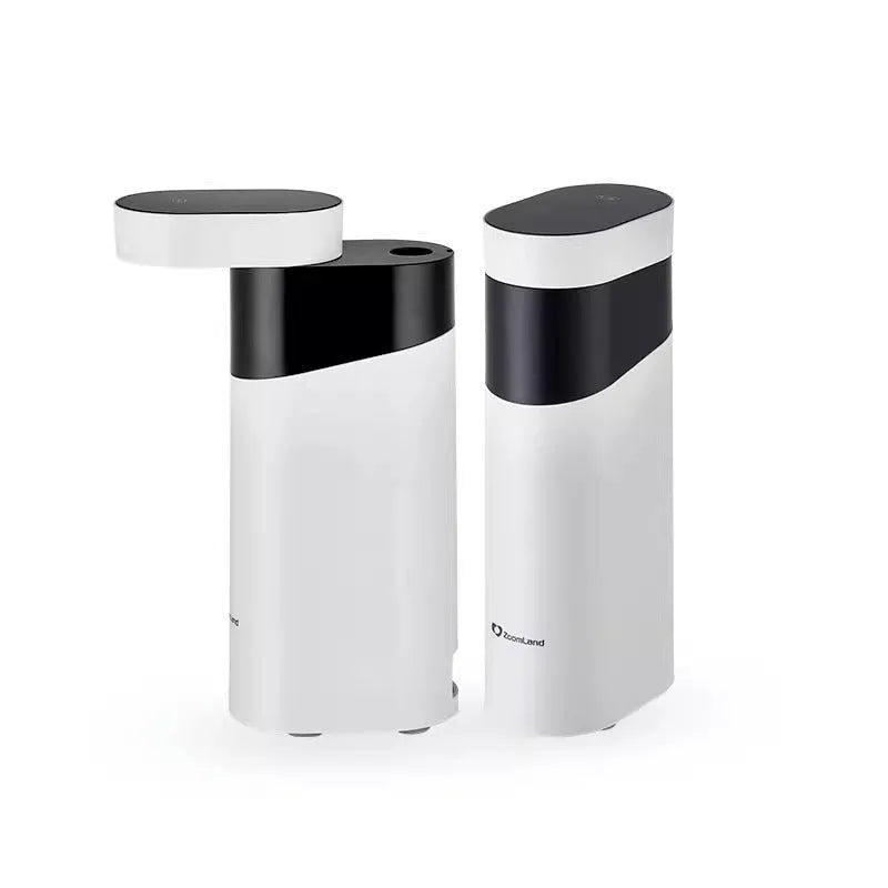 Small black or green desktop instant water dispenser with digital display and water tank.