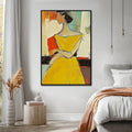 Large hand painted abstract people oil painting on canvas in brown and yellow wabi sabi style, unframed one-panel wall art.