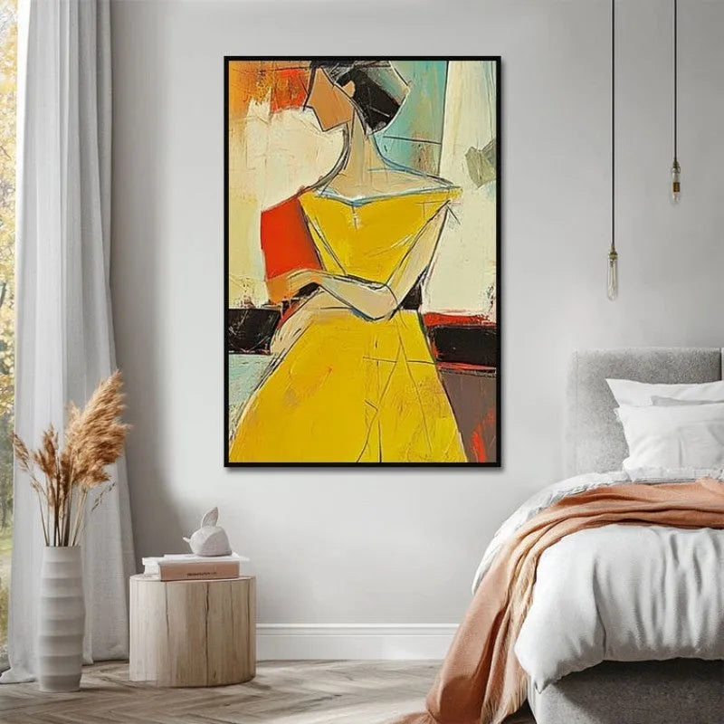 Large hand painted abstract people oil painting on canvas in brown and yellow wabi sabi style, unframed one-panel wall art.
