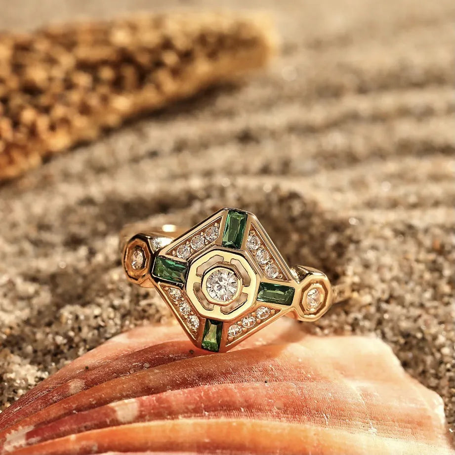 Square ins style women's ring with a lvzuan gemstone on a geometric electroplated band.