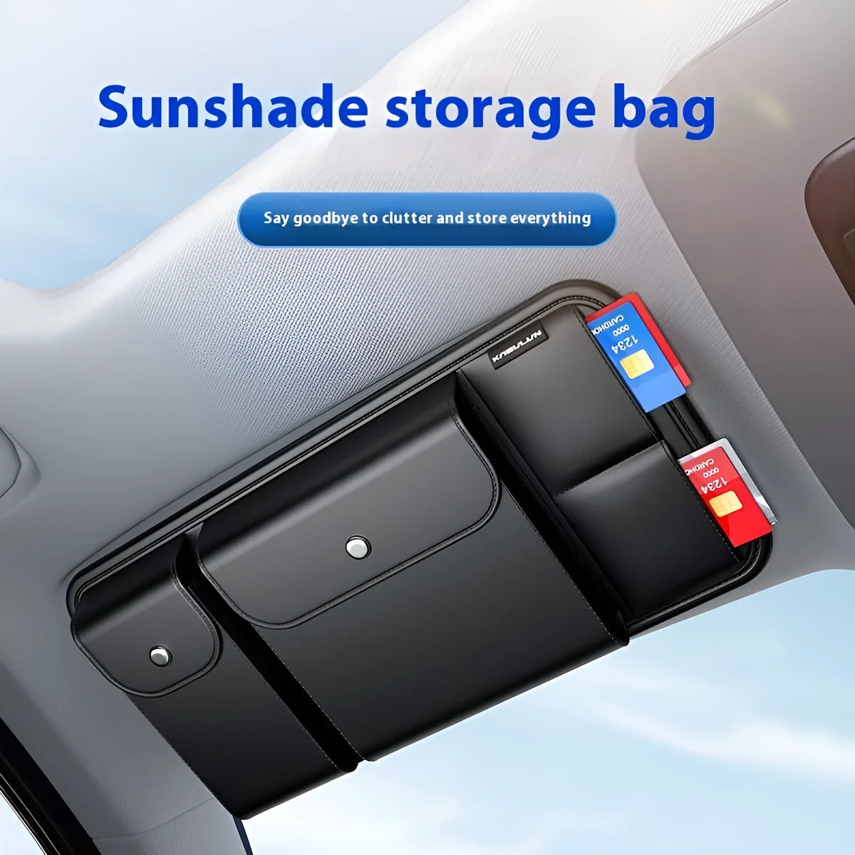 Black PVC automotive sun louver storage clamp with glasses, measuring 32cm by 3.5cm by 16cm