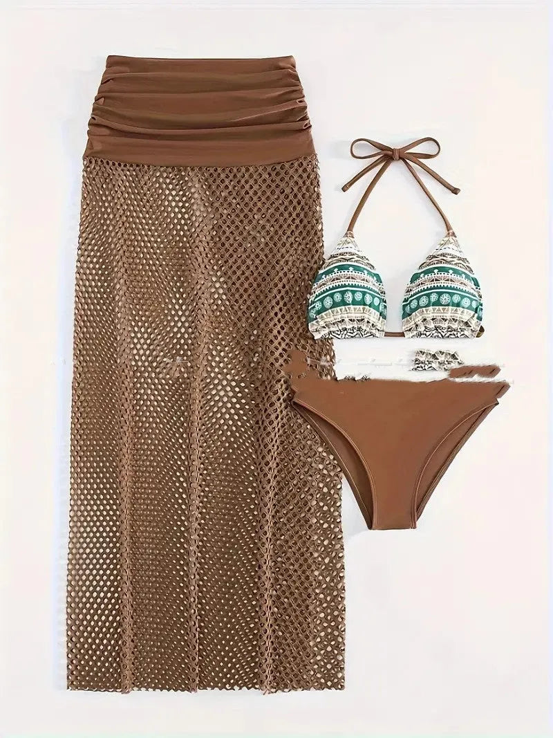 Women's gradient pattern bikini three-piece set with fishnet long skirt in black, brown or rose pink colours