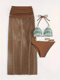 Women's gradient pattern bikini three-piece set with fishnet long skirt in black, brown or rose pink colours