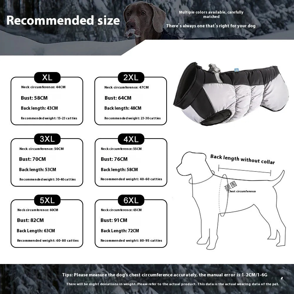Big dog wearing reflective waterproof winter coat in polar fleece