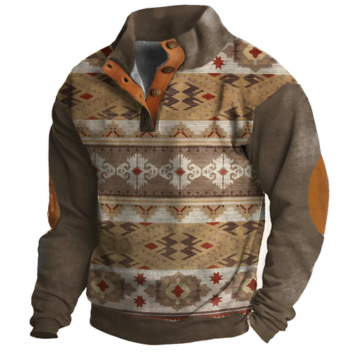Loose fit long sleeve sweater with a 3D digital printed pattern and a four-button placket front.