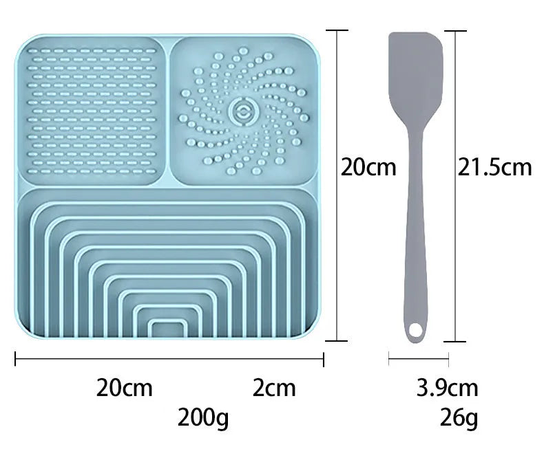 Square silicone slow food mat for dogs and cats with suction cup base, in blue colour