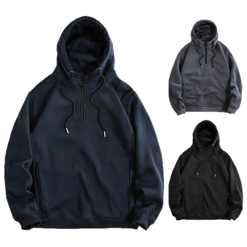 Men's loose casual solid color hoodie pullover in dark gray, black, or navy blue, sizes S to 2XL.