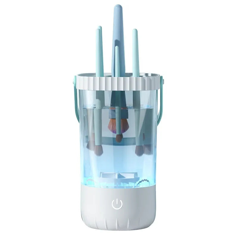 White rechargeable electric makeup brush cleaner with USB cable measuring 24x10x11cm