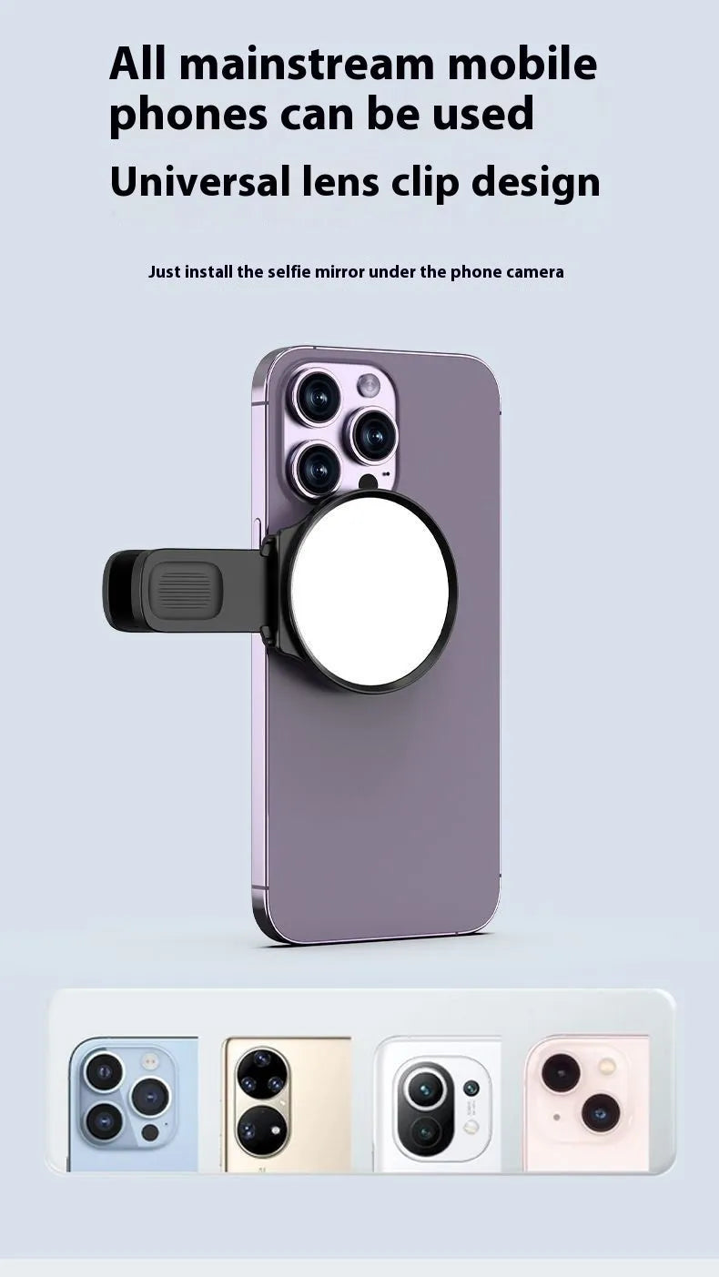 Black mobile phone rear camera self-timer clip with mirror, plastic and glass, includes lens, cloth, and storage box.