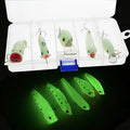 Set of five fluorescent hard bait fishing lures with 3D simulation design on a blue background.