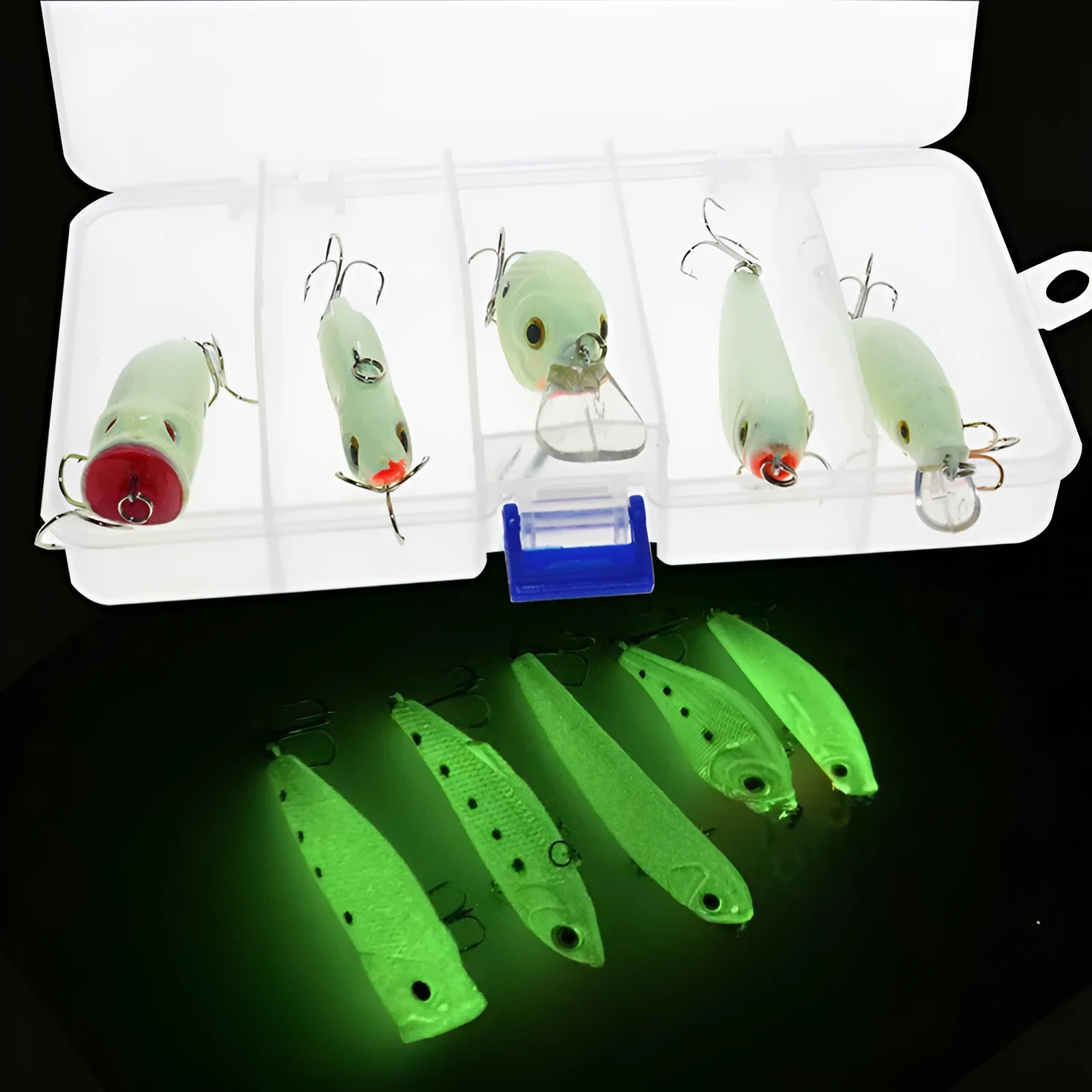 Set of five fluorescent hard bait fishing lures with 3D simulation design on a blue background.