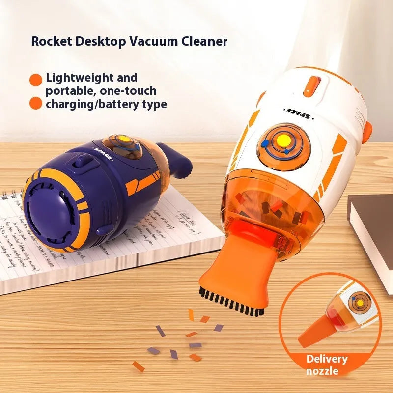 USB-powered handheld desktop vacuum cleaner in rocket design showing blue colour option.