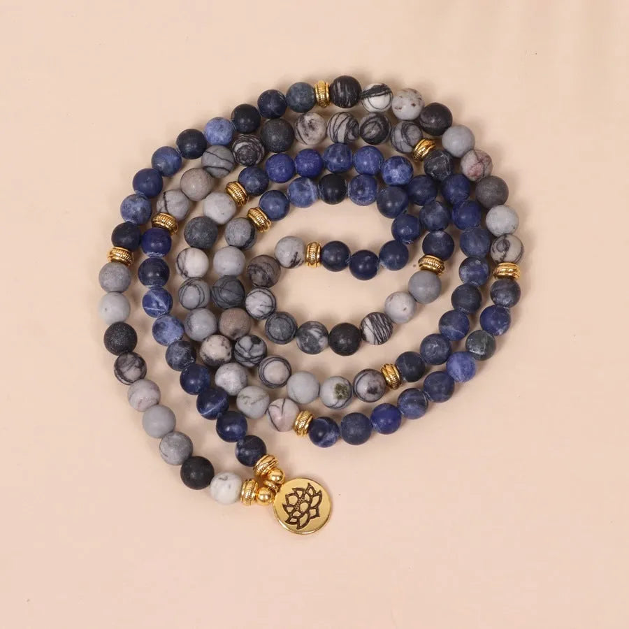 Blue multi layer alloy bracelet with patterned network stone beads in natural style