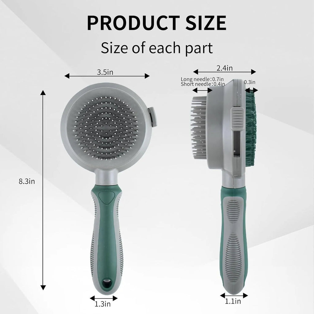 Green and pink 2-in-1 silicone cat hair brush with retractable slicker brush and massaging head.