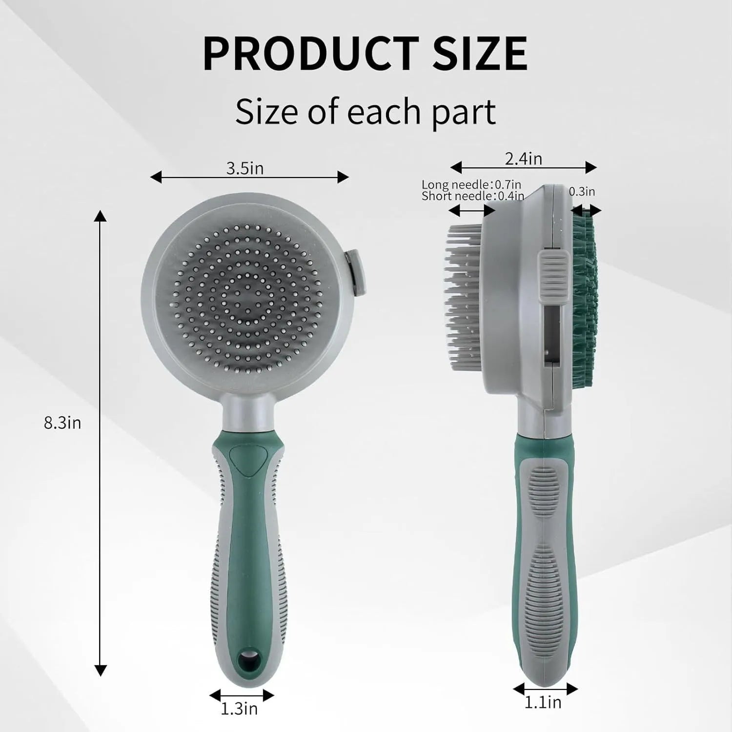Green and pink 2-in-1 silicone cat hair brush with retractable slicker brush and massaging head.