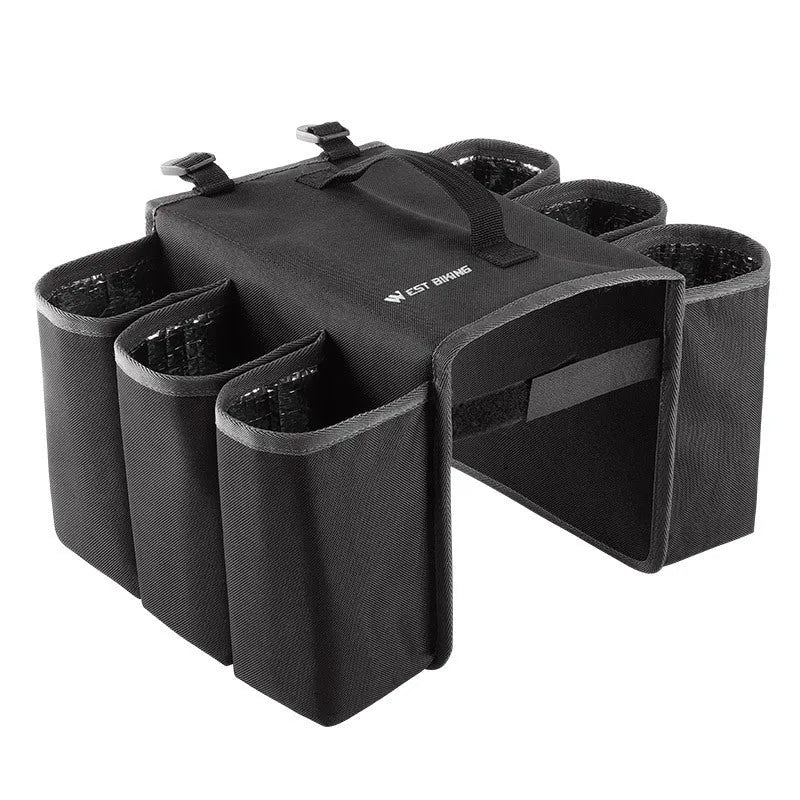 Black and blue orange double-sided bicycle drink storage bag made from 600D PVC with 2L capacity.