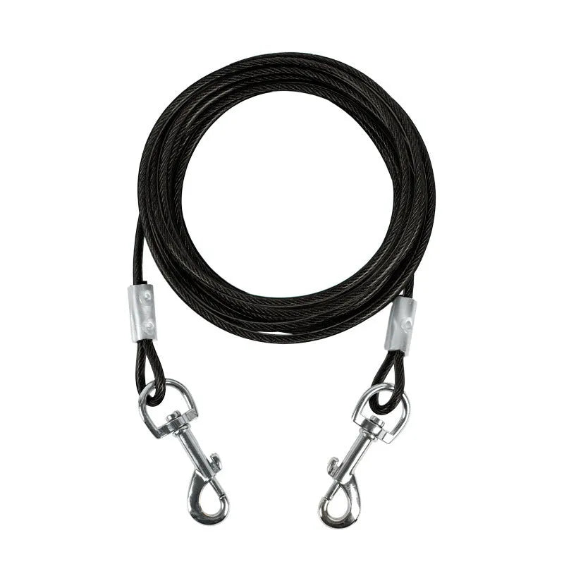 Double-headed dog leash with steel wire rope and iron chain, shown in a listed colour such as blue or black.