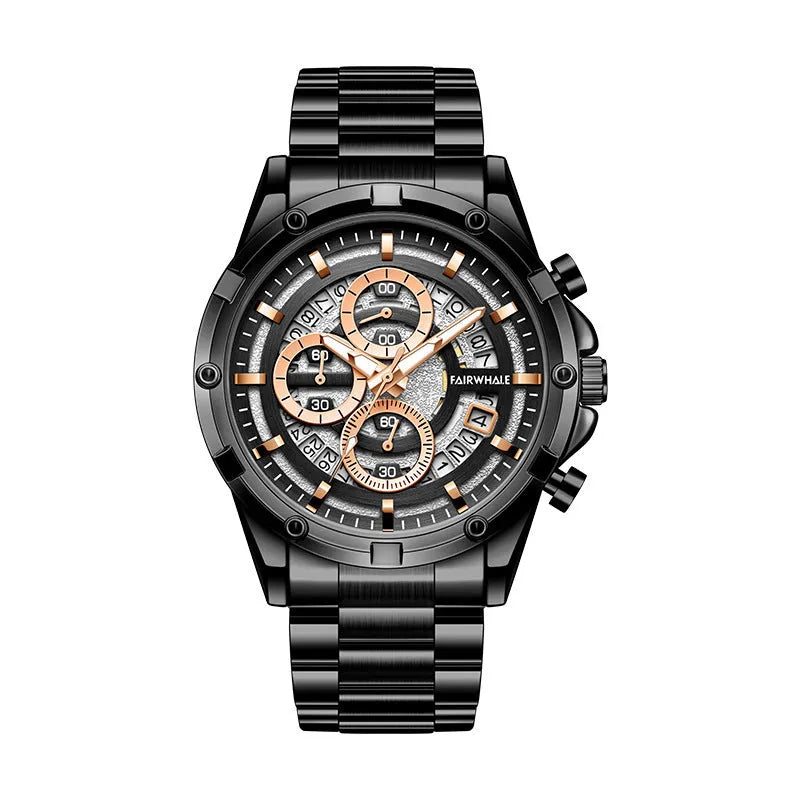 Men's stainless steel luminous quartz watch with a blue dial on a steel bracelet.