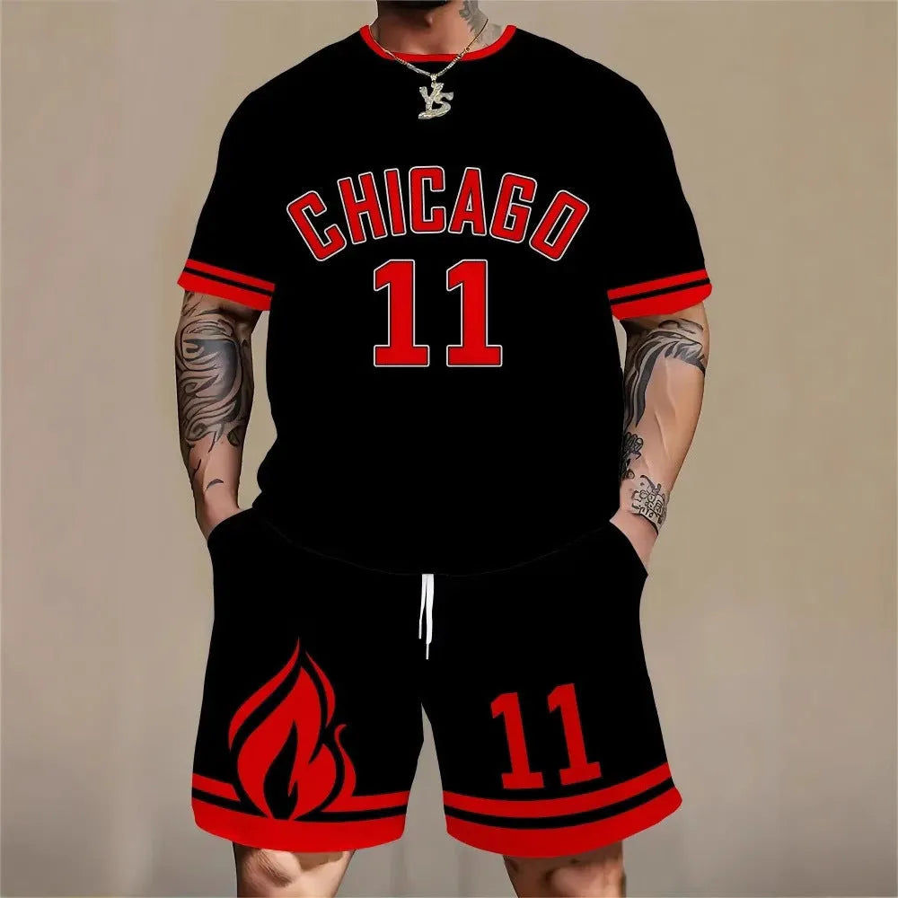 Men's 3D printed personality letter matching suit set with short sleeve top and shorts in polyester fabric
