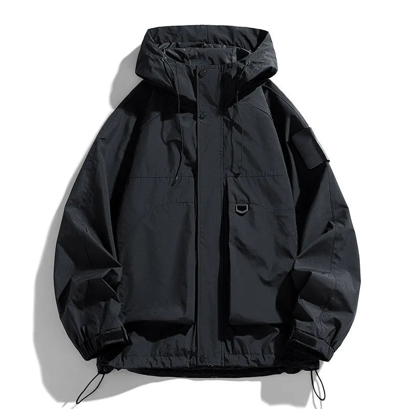 Men's waterproof windproof hooded jacket in polyester chemical fibre blend fabric