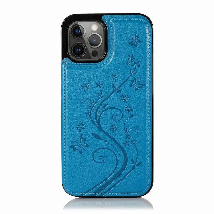 Butterfly embossed leather phone case, rear cover style, available in light purple, mint green, pink, and other colours.