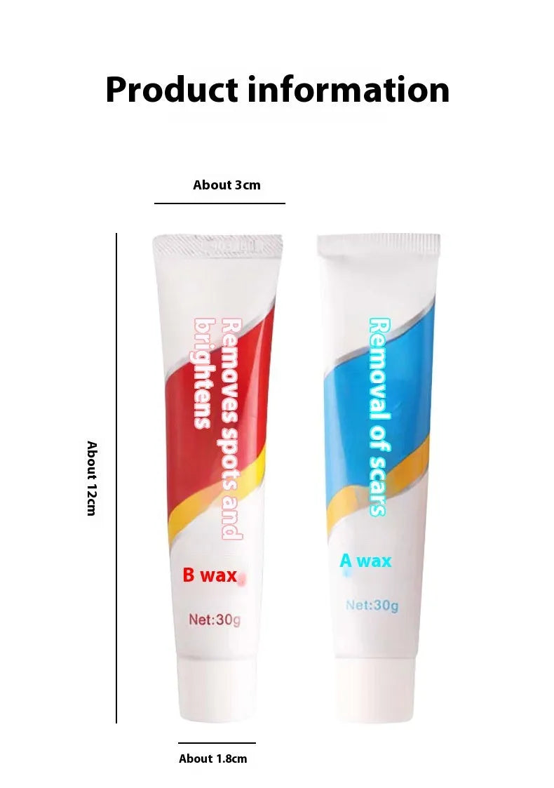 Car scratch repair wax kit showing A wax, B wax, and a frosted sponge mop for paint polishing