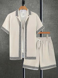 Men's wild printed short sleeve shirt and shorts set in a young casual style for summer leisure, polyester fibre blend fabric