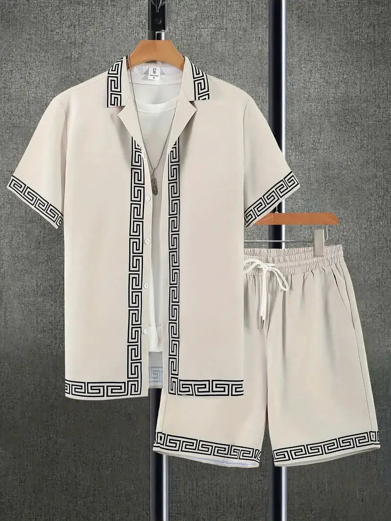 Men's wild printed short sleeve shirt and shorts set in a young casual style for summer leisure, polyester fibre blend fabric
